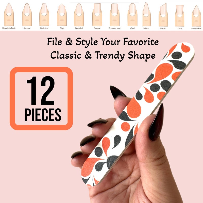 ALAZCO 12pc White Orange/Black Fashion Print Dual-Sided Nail Medium & Fine Grit File Emery Board Cushioned Easy Grip Comfort Filing Smoothing Finishing All Nails 5” Travel Size TSA Approved - Image 3